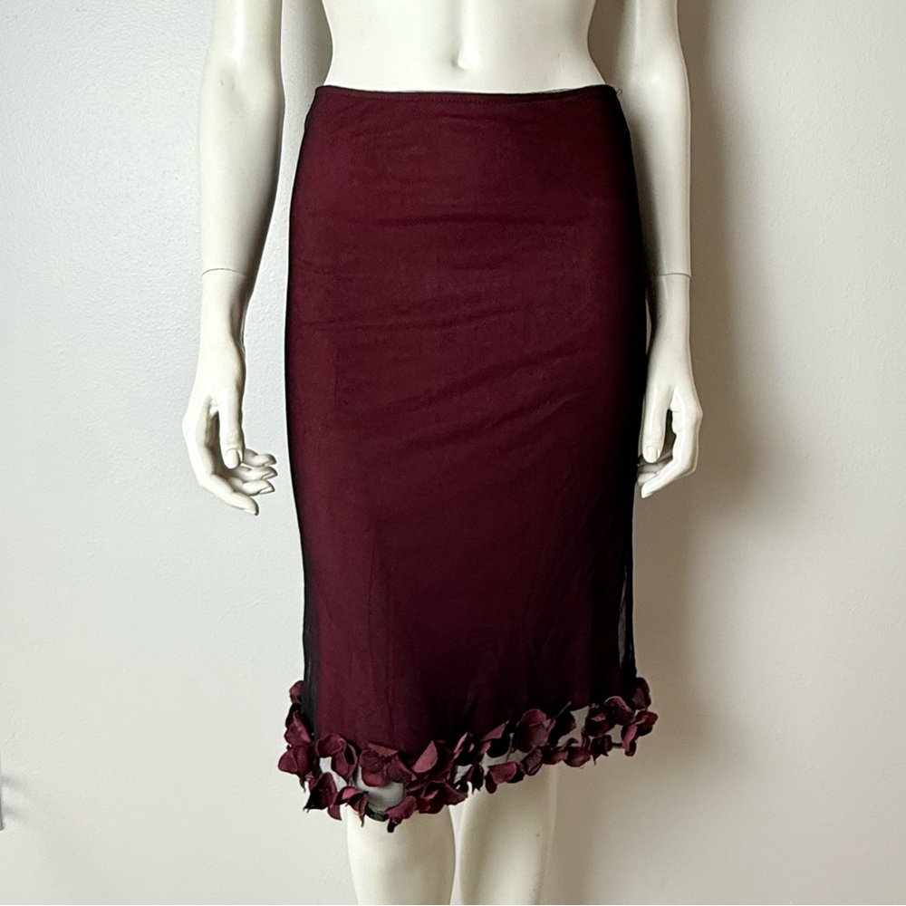 Vintage 90’s Maggie Barry Floral Trim Mesh Skirt Burgundy Wine Color